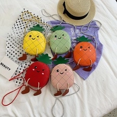 Cute pineapple-shaped kids crossbody bags in five colors with cartoon expressions and small feet