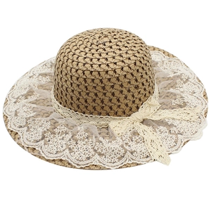 Summer wheat straw sun hat with white lace trim and bow knot for women and kids