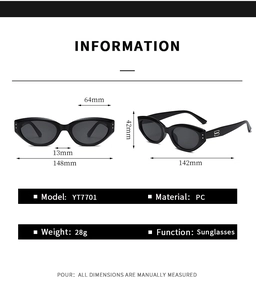 Detailed dimensions of retro cat eye sunglasses with PC frame and YT7701 model specs