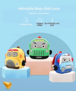 Detailed plush backpacks for kids featuring cartoon school bus, jeep, and police car designs