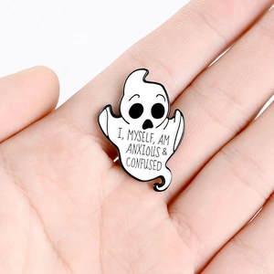 Ghost enamel pin with I Myself Am Anxious and Confused quote on white background