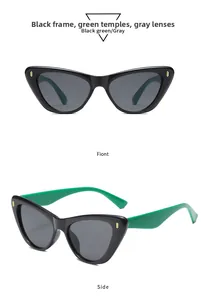 Détails des lunettes de soleil œil-de-chat avec monture noire et branches vertes