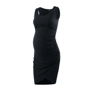 Sleeveless black maternity bodycon dress with side ruching and crew neck