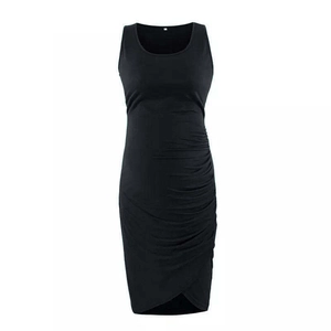 Detail view of black ruched maternity dress featuring sleeveless crew neck and irregular hem