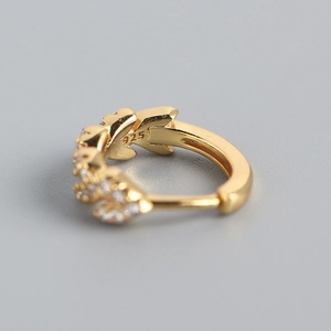Luxurious gold leaf S925 sterling silver hoop earrings with sparkling crystal accents