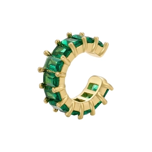 Elegant gold C-shaped ear cuff featuring emerald green zircon stones on white background