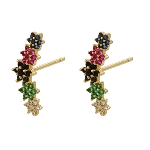 Detailed view of curved gold stud earrings with five-color micro-pave zircon flowers