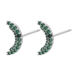 Close-up of crescent moon stud earrings with pavé-set green cubic zirconia stones