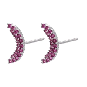 Macro view of crescent moon stud earrings with micro-paved pink cubic zirconia