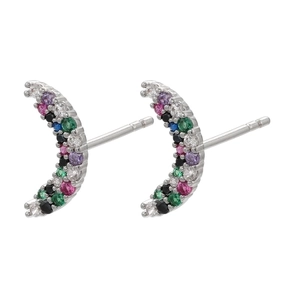 Detailed view of crescent moon stud earrings with colorful pavé-set round zircon stones