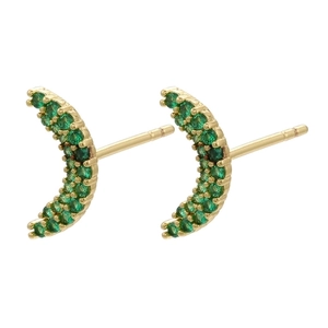 Detailed close-up of crescent moon earrings with green micro-pave cubic zirconia stones