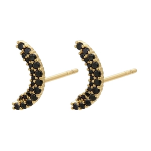 Macro shot of 14K gold crescent moon stud earrings with pavé black cubic zirconia