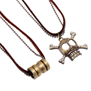 Skull Crossbones Cylinder Pendant Necklace Vintage Punk Layered Leather Cord Metal Bead Chain Rhinestone Alloy Jewelry