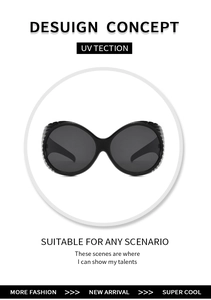 Detail of oversized black wrap-around sunglasses showing UV protection and futuristic frame