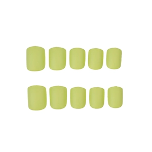 Matte neon green short square press-on nails set with vibrant plain finish on white background