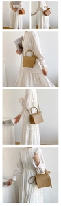 Collage of khaki leather crossbody bag worn by a model in a minimalist white setting
