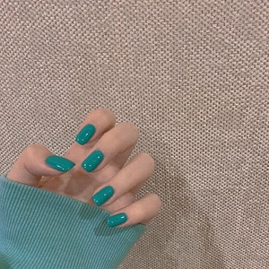 Glossy Solid Color Short Square Round Press On Nails Teal Blue Waterproof Removable DIY Manicure For Women