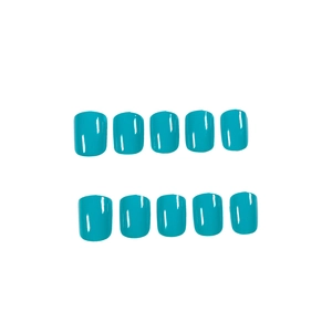 Glossy teal blue short press-on nails set with 10 pieces on a clean white background