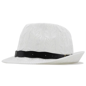 Classic white hand-woven crochet fedora hat with black leather band for summer sun protection