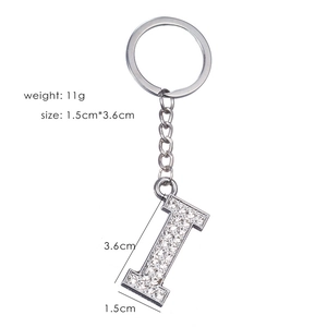 Detailed view of silver letter I keychain with sparkling rhinestones and measurements