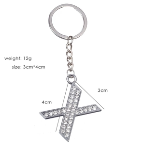 Silver letter X keychain with white rhinestones showing 4cm height and 12g weight