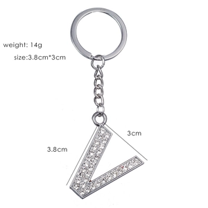 Detail of silver letter V keychain with sparkling rhinestones and dimensions shown