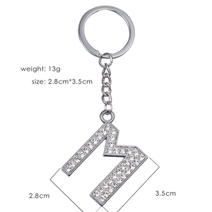 Silver letter M keychain with sparkling rhinestones, 3.5cm charm for bags and keys