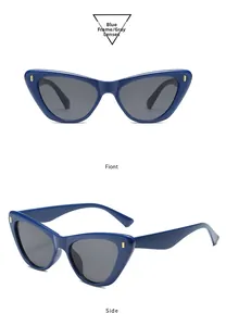 Vue détaillée de face et de côté de lunettes œil de chat avec monture bleue et verres gris