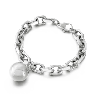 Polished stainless steel thick chain bracelet with a bold hollow sphere pendant charm
