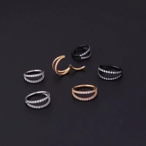 Double-row cubic zirconia stainless steel seamless hinged nose rings in gold, silver, and black