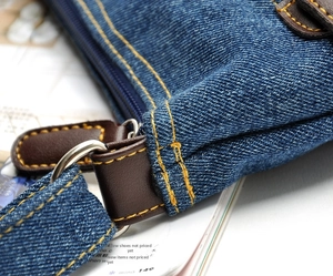 Close-up of blue denim handbag texture with yellow stitching and leather accents