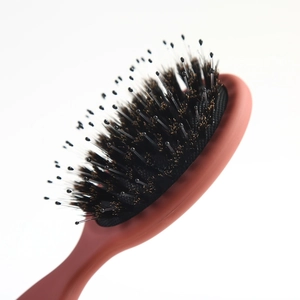 Detailed close-up of boar bristle and nylon needle hairbrush for scalp massage