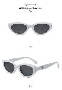 Detail view of white cat-eye sunglasses featuring silver metal BB logo on temples