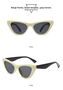 Détails de lunettes de soleil œil-de-chat rétro avec monture beige et branches noires