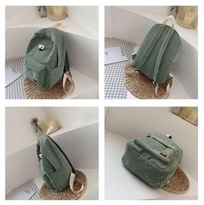 Four-way view showing detail of green corduroy backpack with cute cartoon embroidery