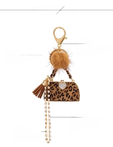 Detailed view of leopard print mini bag keychain with gold plating and tassels