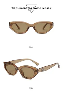 Detailed macro view of vintage tea-colored cat-eye sunglasses with metal logo on temple