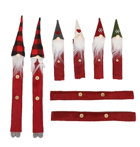 Red burlap Christmas gnome handle covers for fridge and oven with white fur details