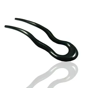Glossy black U-shaped resin hair fork with streamlined double-teeth for bun styling