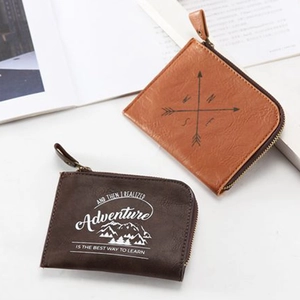 L-shaped zipper coin purses in vintage brown PU leather with adventure compass engraving
