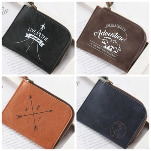 Detailed close-up of textured PU leather coin purses with vintage embossed travel patterns