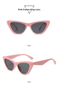 Vue détaillée des lunettes de soleil œil de chat roses avec verres gris et clous