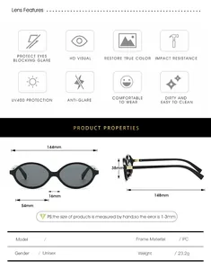 Detailed size guide for oval sunglasses showing frame width, height and lens specs