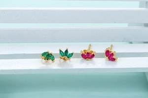Chic gold-plated stud earrings with colorful zircon marquise cut gems in leaf pattern