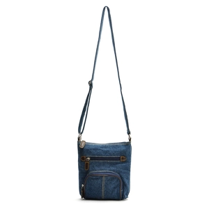Detail view of denim shoulder bag featuring multiple functional zipper front pockets
