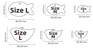 Size chart showing fish and bird shapes in S, M, and L sizes with millimeter dimensions