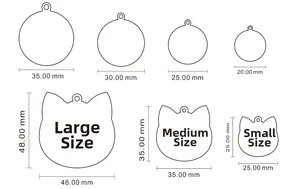 Detailed size guide for circular and cat-shaped stainless steel pet ID tags in various sizes
