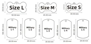 Size chart showing dimensions for bone and dog tag shaped stainless steel pendants