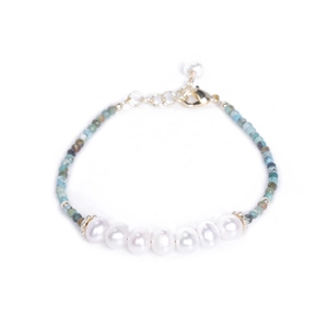 Mini turquoise and freshwater pearl beaded bracelet with gold lobster clasp and extension