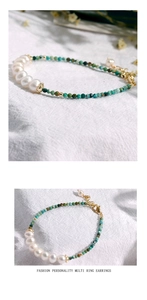 Detailed shot of handmade turquoise and freshwater pearl bracelet with gold lobster clasp